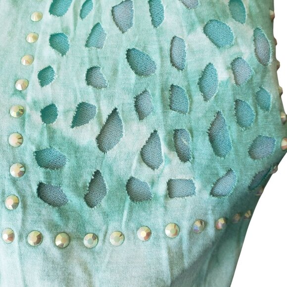 NEW Vocal Mint Green Teal Cross Cutout Boho Rhinestone Tie Dye Long Tunic Dress - Picture 6 of 9